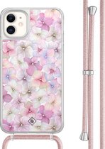 Casimoda® hoesje met rosegoud koord - Geschikt voor iPhone 11 - Floral Hortensia - Afneembaar koord - TPU/acryl - Paars