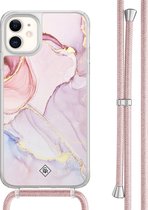 Casimoda® hoesje met rosegoud koord - Geschikt voor iPhone 11 - Marmer roze paars - Afneembaar koord - TPU/acryl - Paars