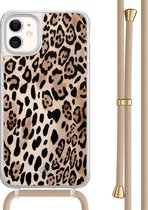 Casimoda® hoesje met beige koord - Geschikt voor iPhone 11 - Luipaard print bruin - Afneembaar koord - TPU/acryl - Bruin/beige