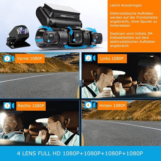 Dashcam 4K 4 Caméras - Avant, Arrière, Intérieur Gauche/Droite - GPS WiFi - 128GB Inclus