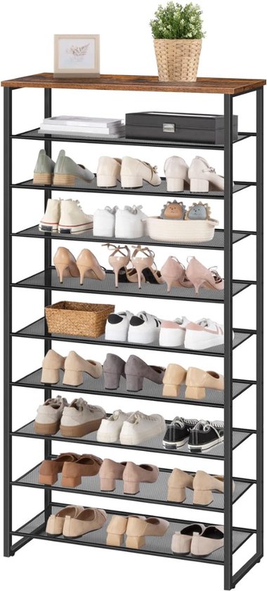 Schoenenkast - Schoenenrek met 10 niveaus, smal schoenenkast, schoen organisator voor 32-40 paar schoenen, metaal, voor hal, woonkamer, vintage bruin-zwart