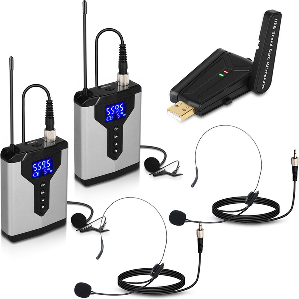 QU6-2 Draadloos systeem met twee headset microfoons/lavalier clip-on microfoons en bodypack zenders en een mini-ontvanger met 1/4