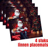 Allernieuwste.nl® 4 Stuks Placemats Kerstman Linnen - Borden Onderleggers Kerst Tafel Accessoires - Placemat - Kleur 45 x 30 cm - 4 Stuks