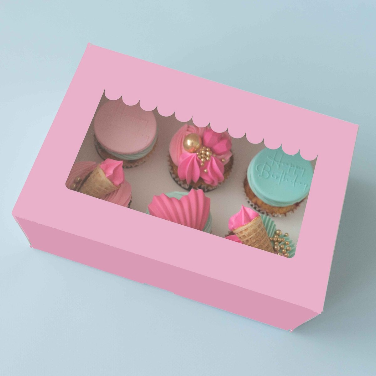 Zuurstokroze doos voor 6 cupcakes + winkelluifel venster (10 stuks)