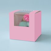 Boîte rose canne en bonbon pour 1 cupcake + vitrine (10 pièces)
