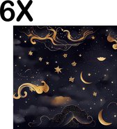 BWK Textiele Placemat - Goud - Zwart - Wolken - Nacht met Sterren - Set van 6 Placemats - 50x50 cm - Polyester Stof - Afneembaar