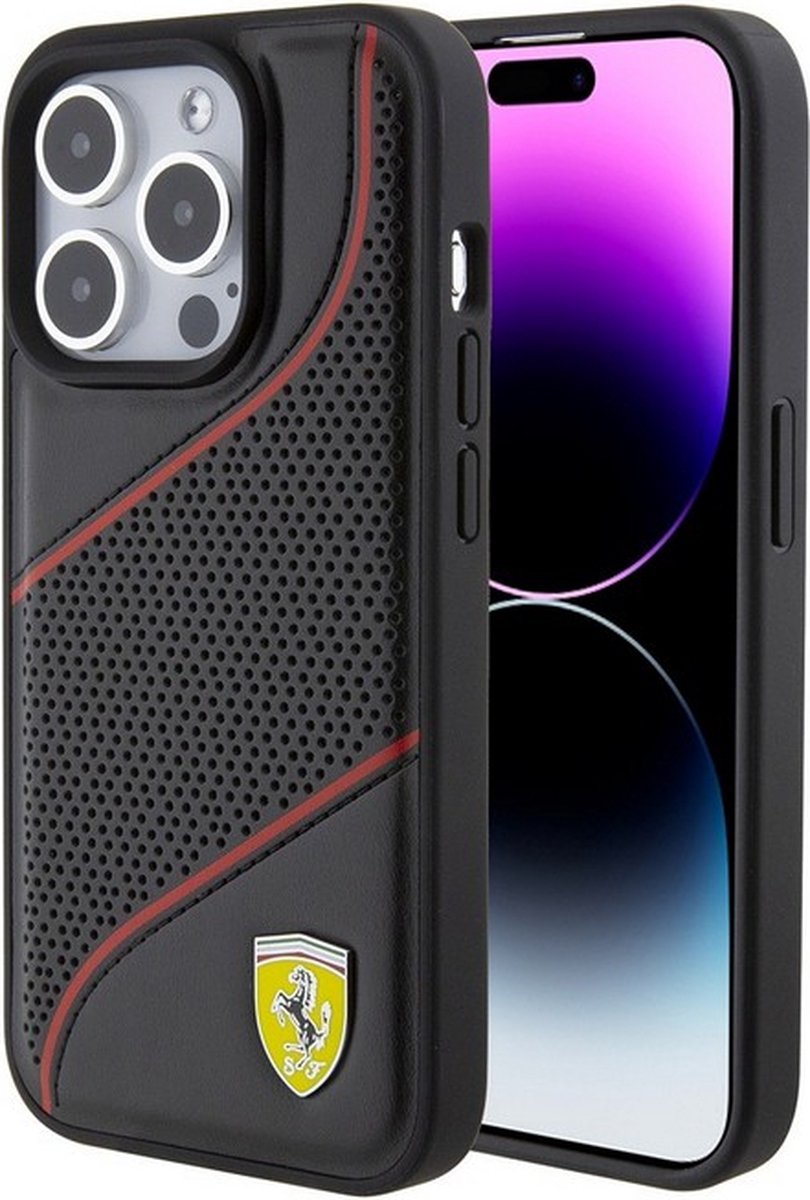 Ferrari PU Leather Perforated Slanted Line Back Case - Geschikt voor Apple iPhone 15 Pro (6.1") - Zwart
