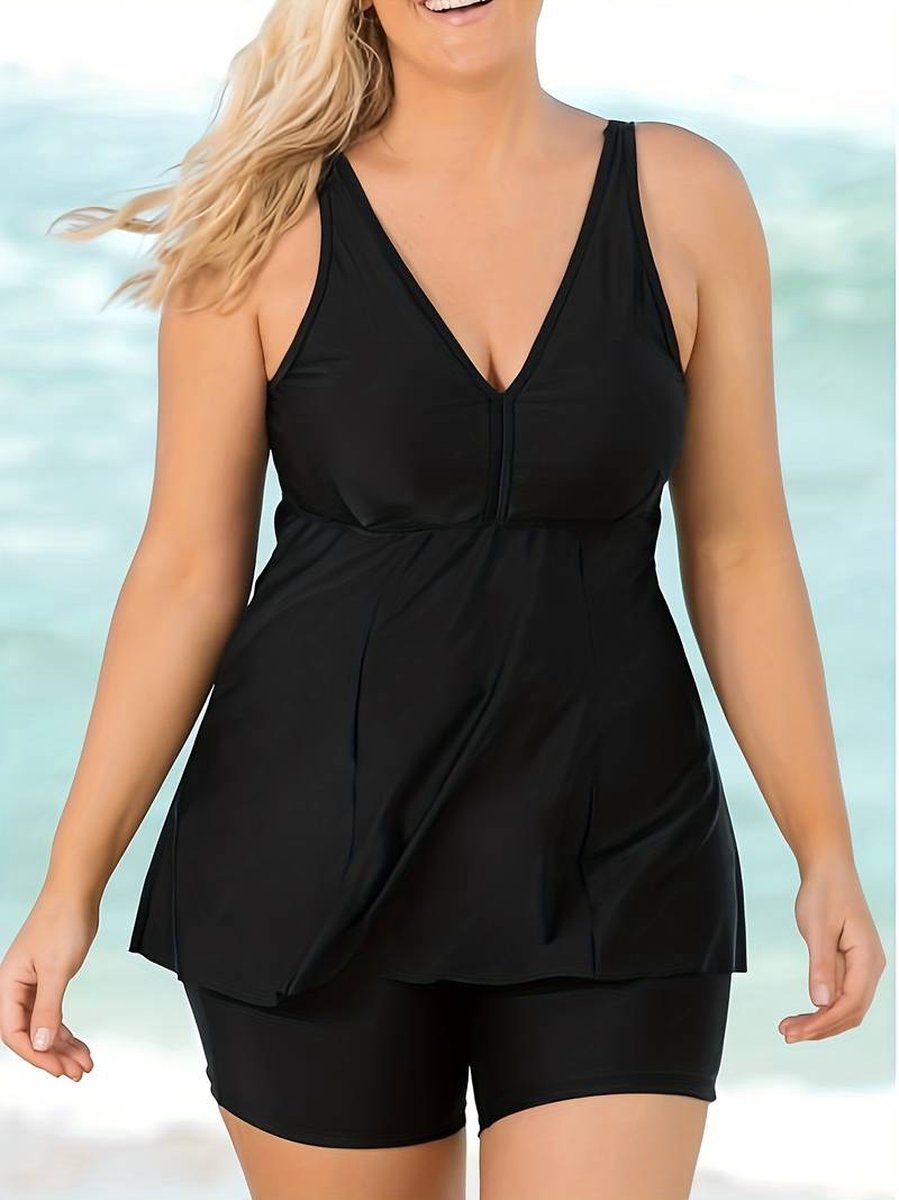 Tankini Set Grote maten Casual Zwempak set Dames effen Vhals tanktop