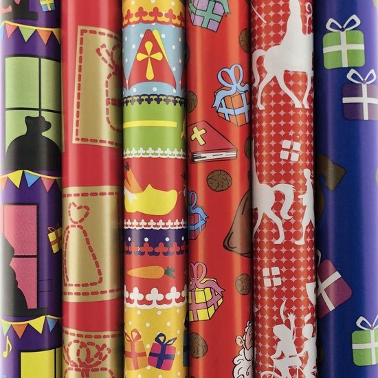 Foto: Sinterklaas cadeaupapier sinterklaaspapier pakpapier inpakpapier 3 meter x 70 cm 6 rollen incl 20 sint naamstickers