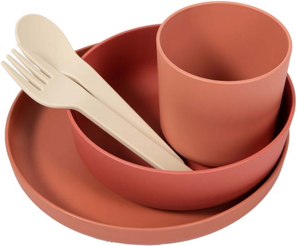 Bo Jungle - CPLA Eet Set Baby - Kinderservies - Kraamcadeau - Bestek - Beker - Bord - 5 stuks - Milieu verantwoordelijk - Ecologisch - Vaatwasbestendig en magnetronbestendig - Eco-responsable CPLA Tableware Set Oker