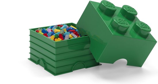 Een open groene LEGO opbergdoos gevuld met veelkleurige stenen, met de deksel (een groene 4-noppen LEGO-steen) ernaast.
