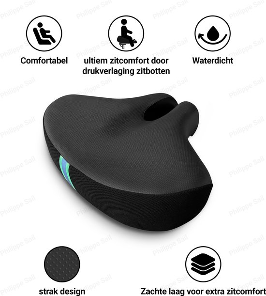 Fietszadel Philippe Sail Innovation, extra breed en ultiem zitcomfort voor pijnvrij fietsen, ontlast zitbotten, ergonomisch en stijlvol design