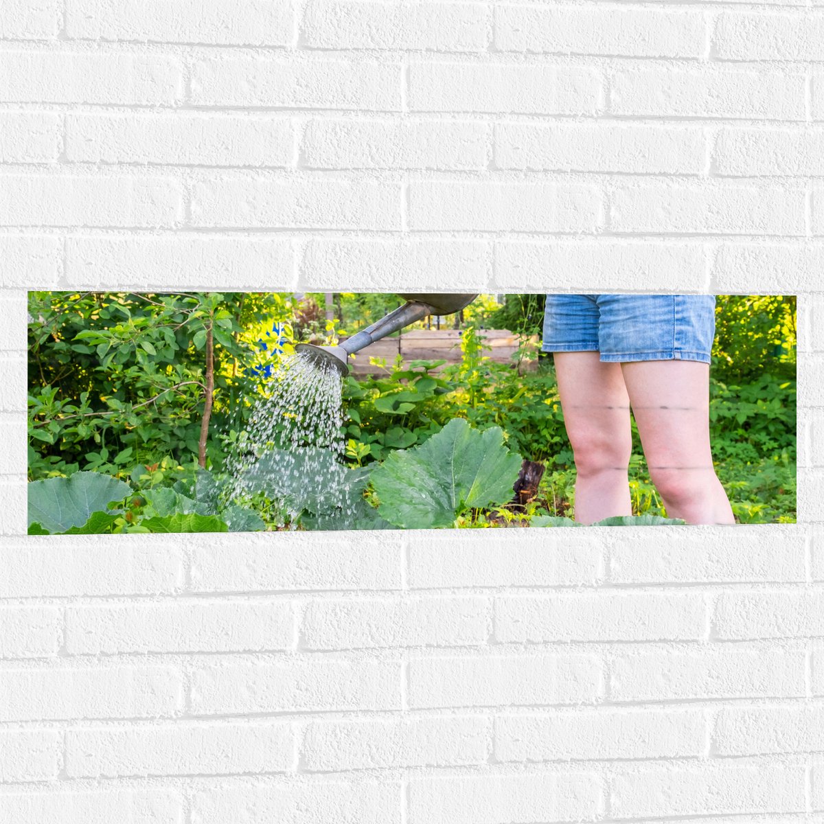 Muursticker - Tuin - Bloemen - Planten - Gieter - Water - Groen - 90x30 cm Foto op Muursti