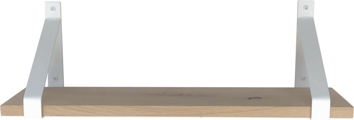 GoudmetHout Wandplank Industrieel - 180 x 25 cm Muurplank - Licht Eiken Hout - Decoratie Wandrek & Boekenrek - Hangplank Keuken - Wall Shelf + 2 Mat Witte Plankdragers van Staal Licht eiken, mat wit - 25 cm
