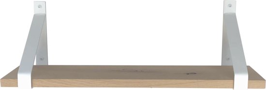 GoudmetHout - Massief eiken wandplank - 180 x 25 cm - Licht Eiken - Inclusief industriële plankdragers MAT WIT - lange boekenplank