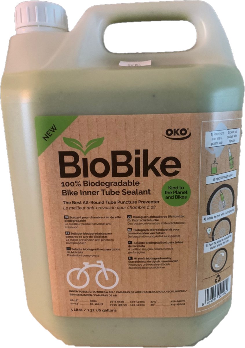 OKO BioBike Sealant 5L + injector | 6 mm gaten | Binnenband | anti lek vloeistof | Tubeless | Tyre Sealant | Latex | Biologisch | Duurzaam