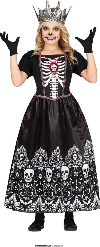Guirca - Spaans & Mexicaans Kostuum - Koningin Van De Nachtmerrie - Meisje - Zwart, Wit / Beige - 7 - 9 jaar - Halloween - Verkleedkleding