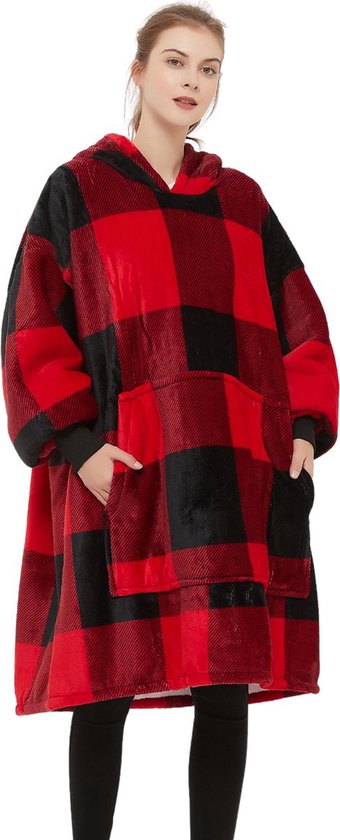 Q- Living Fleece Blanket with Sleeves - Couverture à capuche - Surdimensionnée - Couverture TV - Rouge / Zwart