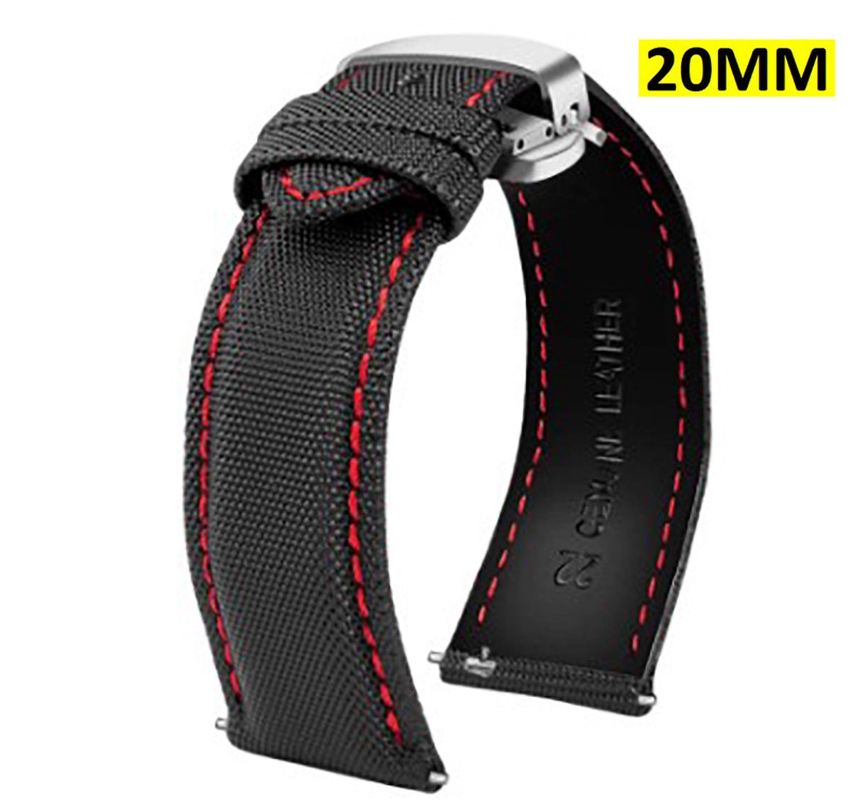 Nylon Horlogeband - Roestvrij Staal - Horlogeband - Zwart Rood - 20MM