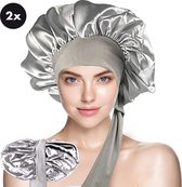 Xaria Slaapmuts - Dubbelzijdige Satijnen Bonnet met Verstelbare hoofdband met Lange Lussen - Bonnet van Satijn - Haarnetjes - Zilver
