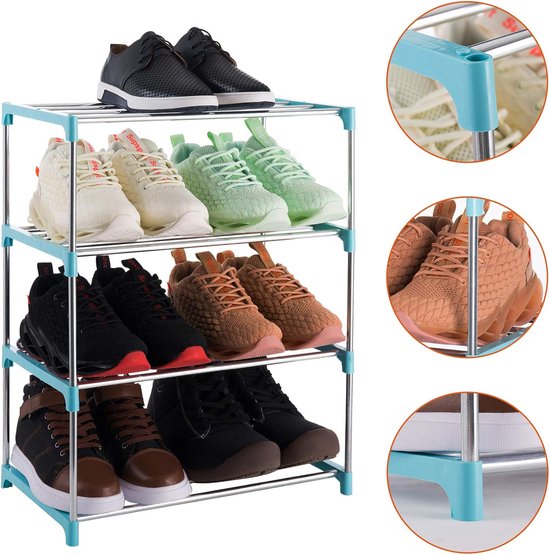 Stapelbaar klein schoenenrek met 4 niveaus, lichtgewicht schoenenrek opbergorganizer voor entree, hal en kast (blauw)