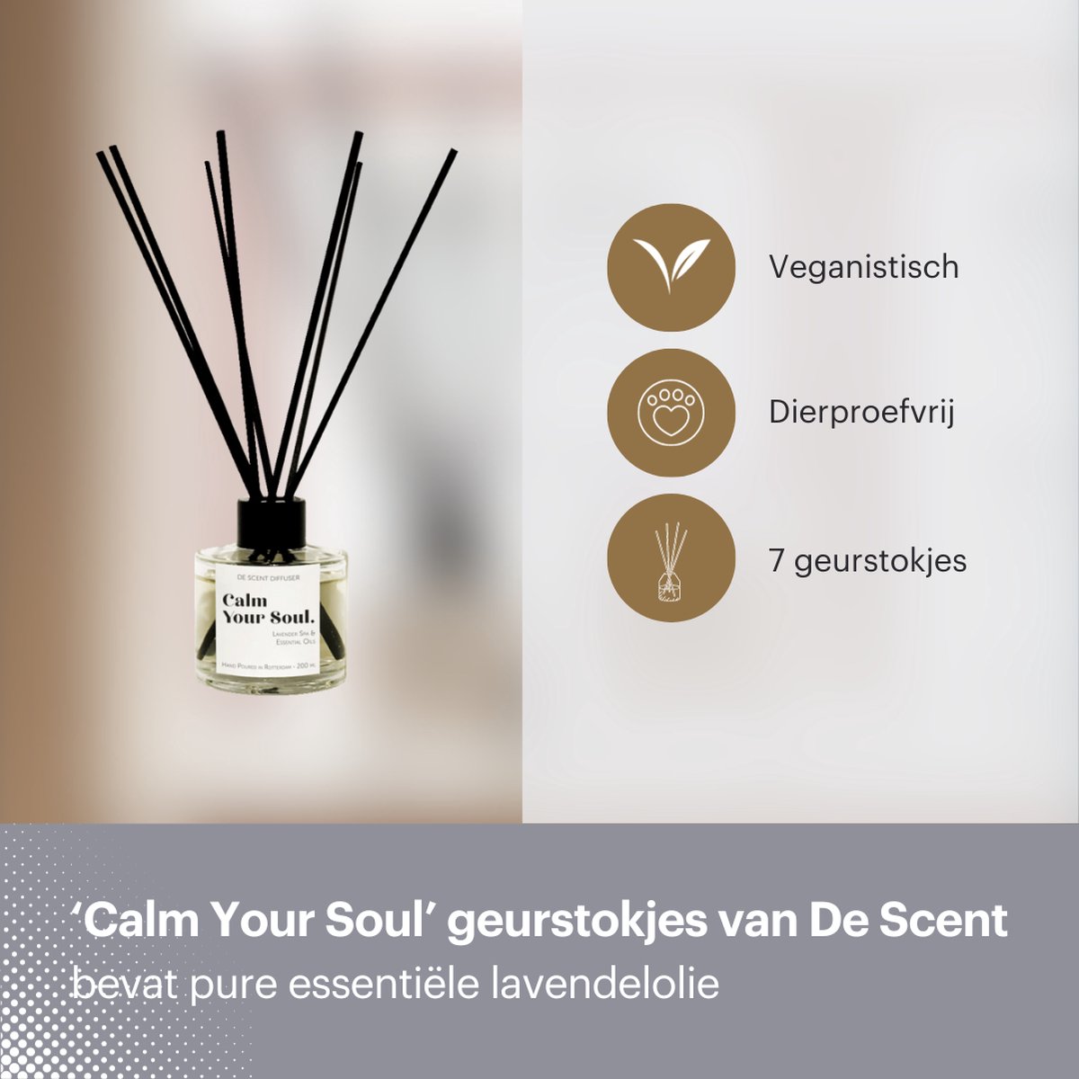 Geurstokjes 'Calm Your Soul' van De Scent - met pure essentiële lavendelolie - 7 geurstokjes - 100ml