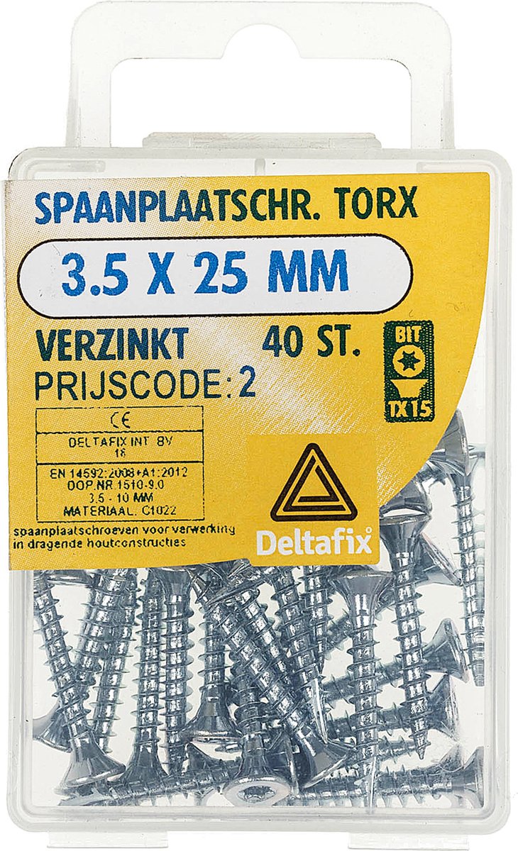 Spaanplaatschroef. platkop / torx / met nibs / type 17 snijpunt. Verzinkt. 3.5 x 25mm. lang. 40 Houtschroeven. Deltafix.