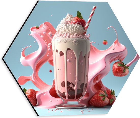 Dibond Hexagon - Milkshake - Aardbei - Chocola - Slagroom - Rietje - 30x26.1 cm Foto op Hexagon (Met Ophangsysteem)