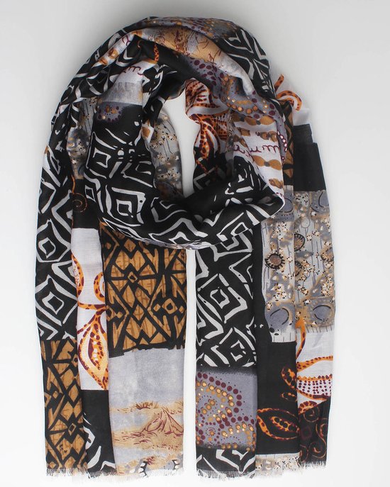 Noa scarf- Accessories Junkie Amsterdam- Dames sjaal- Katoenen sjaal- Bloemenprint- Grafische print- Cosy chic- Zwart