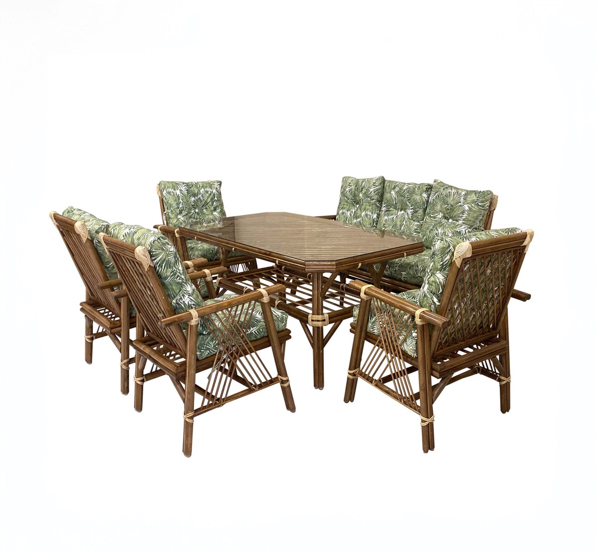 LILY DINING SET Eetset, tafel + 4 stoelen + 3-zitsbank, binnen/buiten, 86x160cm - Palm