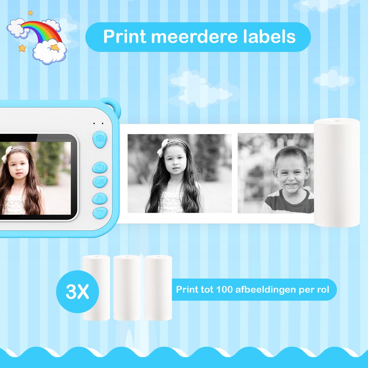 Ilona® 3 IN 1 Digitale Kindercamera met Fotoprinter + Instant print + Speelcamera - 32GB micro sd kaart - Camera Kinderen - Vlogcamera met Games - Fototoestel voor Kinderen - Klein Formaat Speelgoed - Met Videofunctie - Blauw — cadeau in Spellen & Speelgoed - foto 4