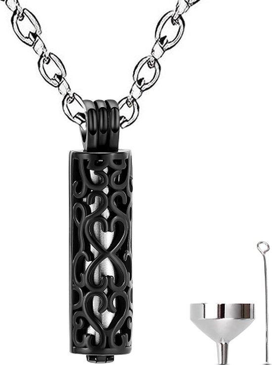 Luxe Ashanger - met Ketting - Voor As, Haren of Parfum - Assieraad - As Ketting - Gedenksieraad - Urn - Incl. As vuller en Opbergzakje - Perfect Black