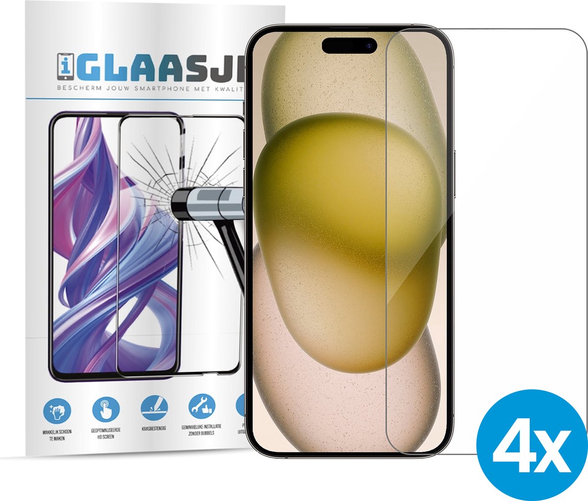 iGlaasje - 4x Screenprotector Telefoonglas Beschermglas - geschikt voor iPhone 15