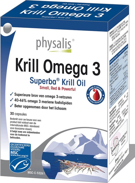 Doosje Physalis Krill Omega 3 met 30 capsules. Met afbeelding van een krill en ijsbergen.