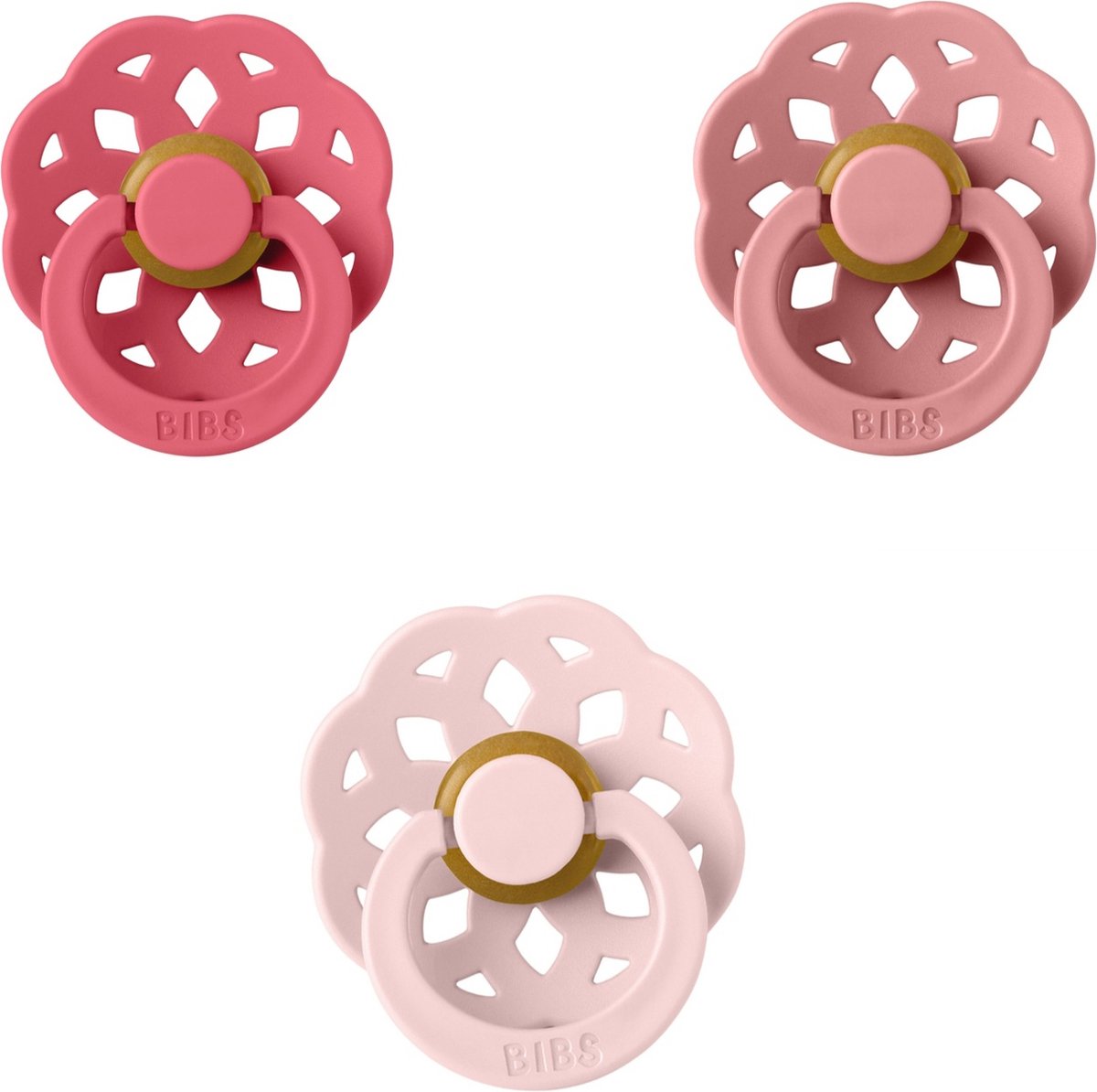 Goedkoopste BIBS Boheme Fopspeen set 3 stuks Coral,Dusty Pink en Blossom 0-6 maanden maat 1