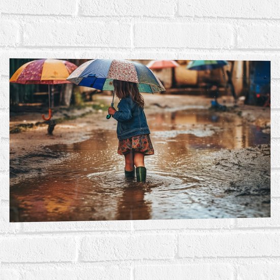 Muursticker - Meisje - Regen - Laarzen - Paraplu - Plas - 60x40 cm Foto op Muursticker