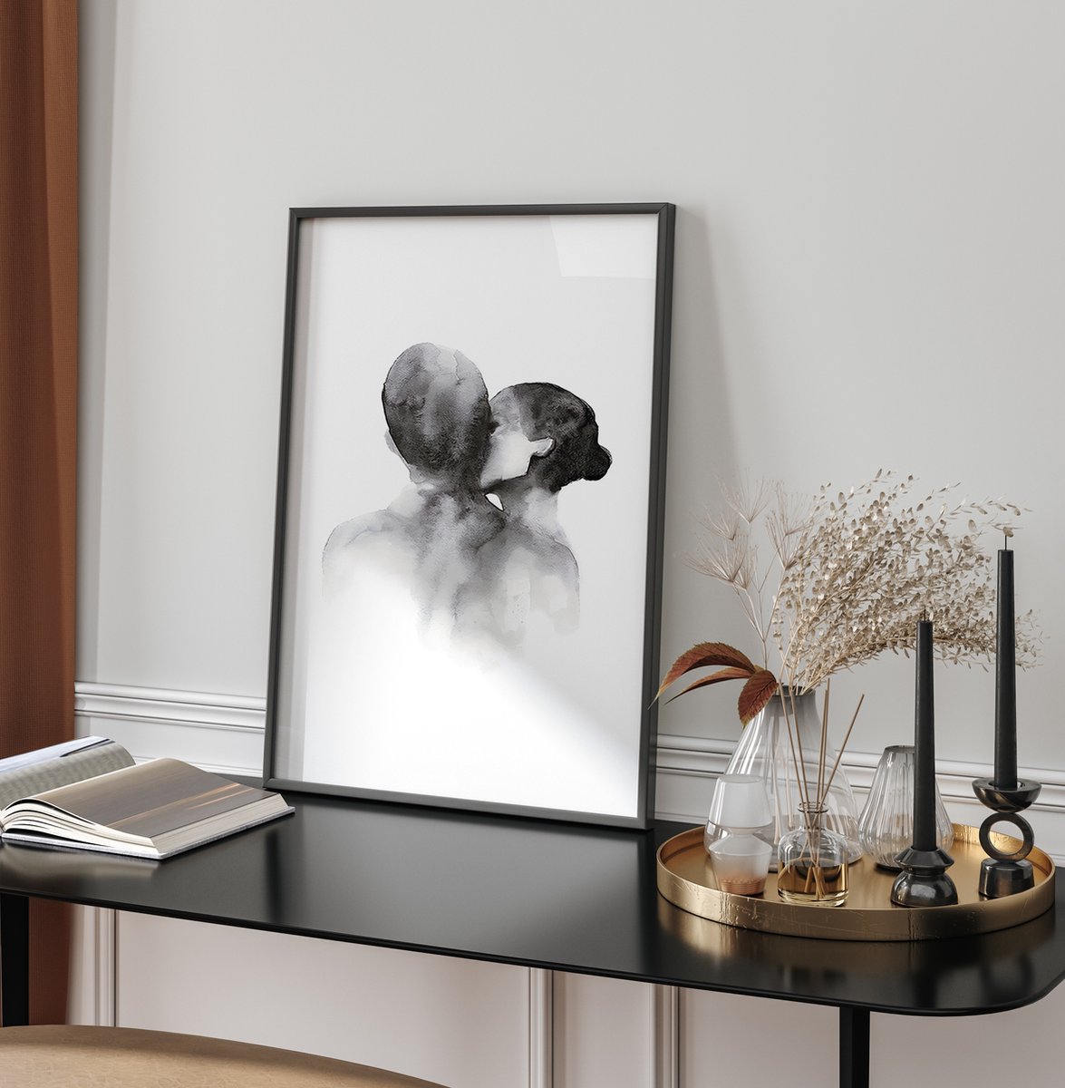 – Omhelzing Zwart-wit Liefdevolle &... Poster Esthetisch | Abstracte bol Aquarel Portret –