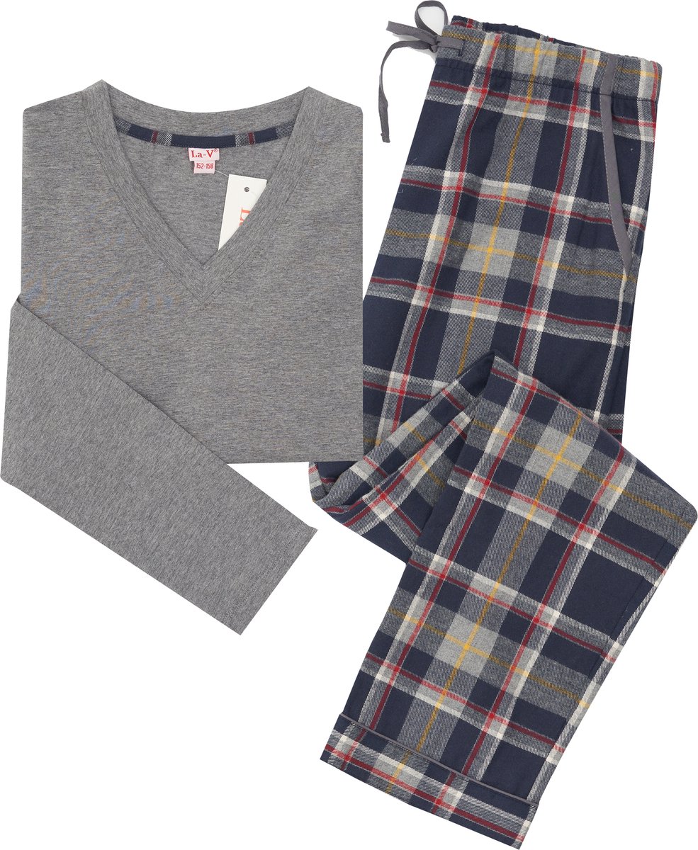 La-V pyjama set voor meisjes met geruite flanel broek - Grijs/ Donkerblauw 164-170