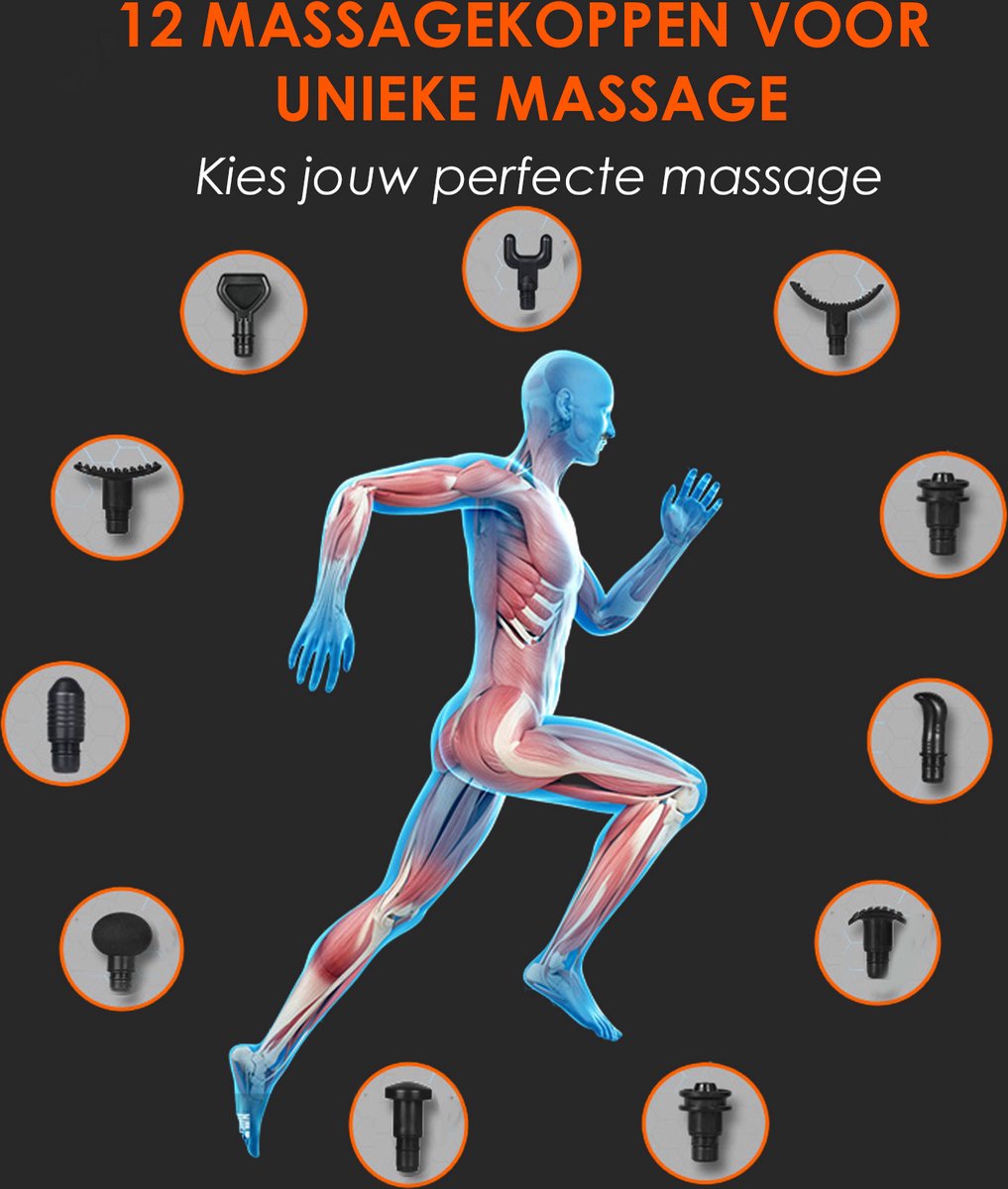 Afbeelding 2 van Phonergy Thunderboost - Massage Gun- Massage Apparaat - Massage Gun Professioneel - Massage pistool- Zeer Krachtig - Extreem Stil - 12 Opzetstukken - 30 Standen - Midnight Black