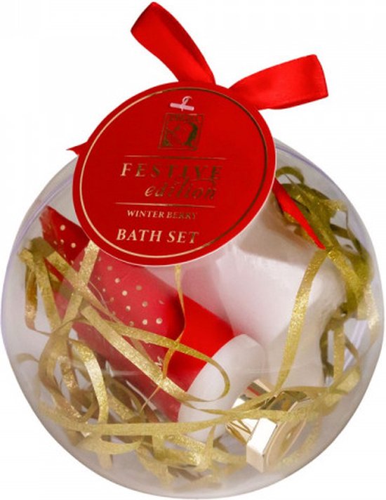 FEESTELIJKE EDITIE badset in bolvormige doos, incl. 30ml handcrème, 80g badbruis, geur: Winter Berry, kleur: rood,