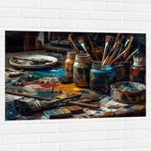 Muursticker - Tafel - Verf - Kwasten - Schilderen - Verven -Kunst - Kleuren - 105x70 cm Foto op Muursticker