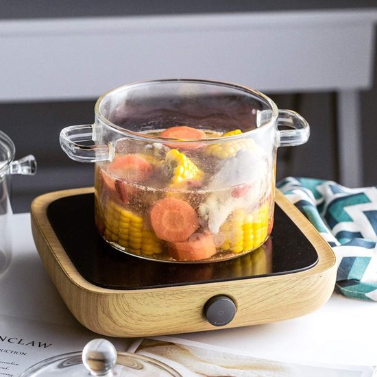 Zjyufy 4. 5L glazen steelpan met deksel, hittebestendige glazen soeppot met roestvrijstalen dubbele handgrepen, universeel glazen kookgerei voor pasta noedel, soep, melk
