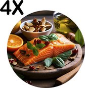 BWK Stevige Ronde Placemat - Zalm met Noten op Houten Bord - Set van 4 Placemats - 50x50 cm - 1 mm dik Polystyreen - Afneembaar