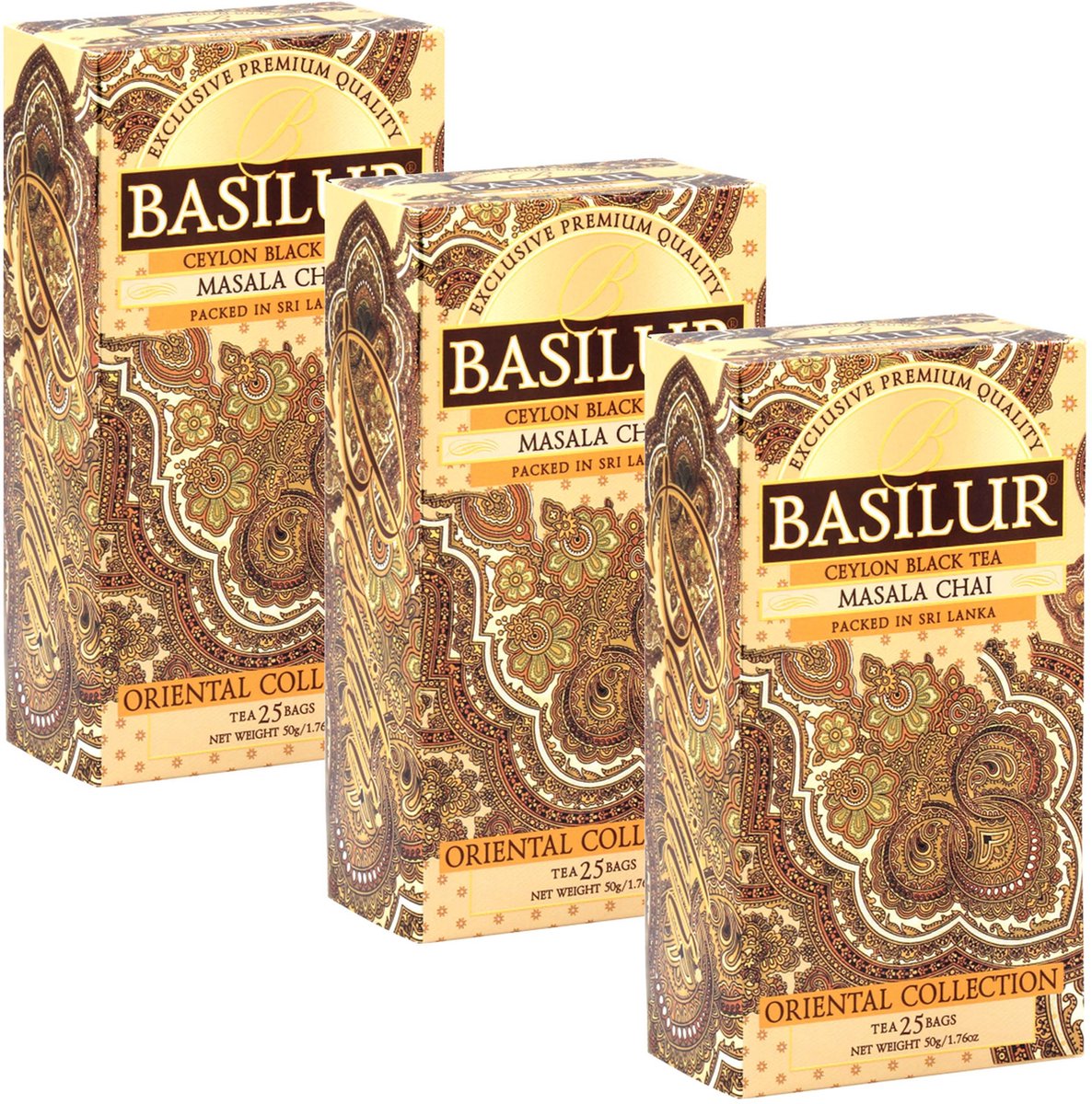 BASILUR Masala Chai - Zwarte Ceylon-thee met natuurlijke oosterse kruiden, 25x2g