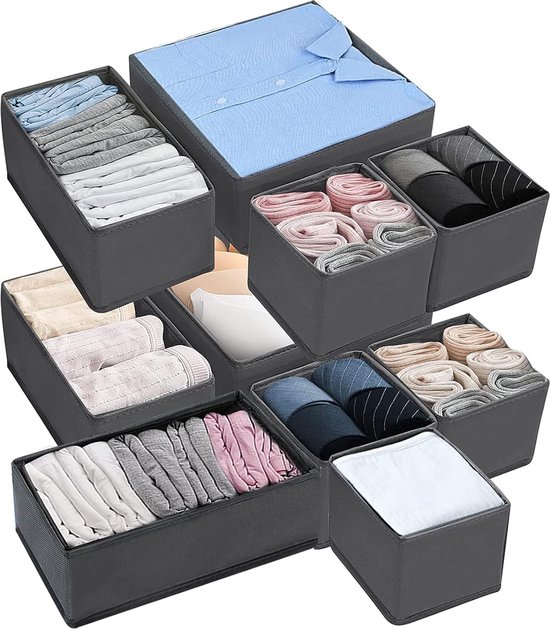 10 stuks kledingkastorganizer, lade voor ondergoedorganizer, grijze opvouwbare opbergdoos, stof, opbergdozen, kastladescheider voor sokken, stropdassen, bh's