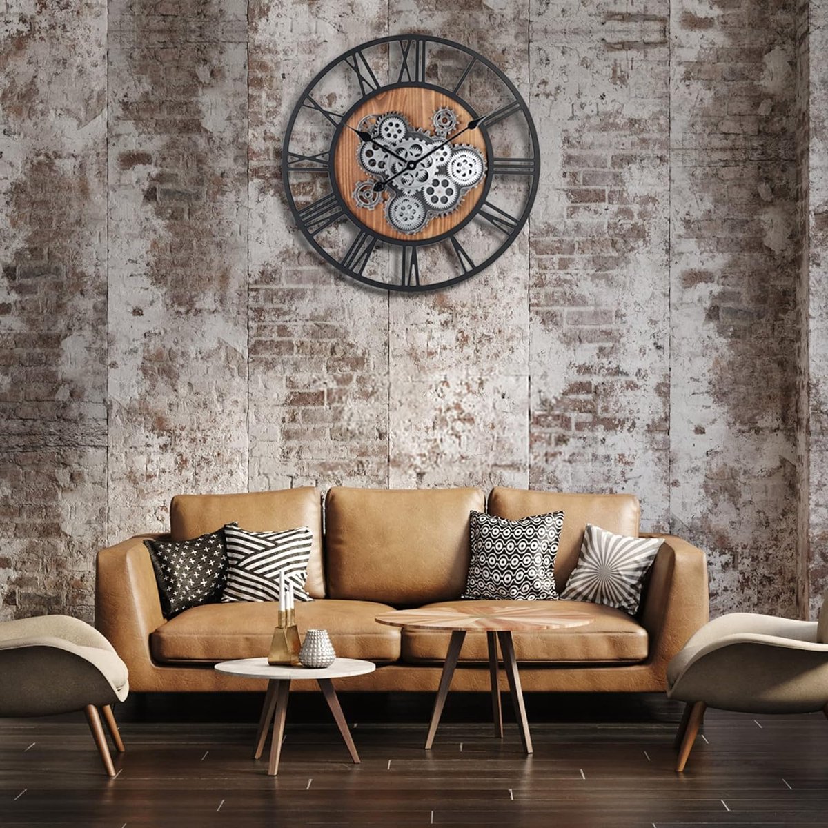 Houten Grote Industriele Zwarte Wandklok met Draaiende Tandwielen Rond 57 cm Romeinse Cijfers Decor Muurklok voor Woonkamer Slaapkamer Bar — cadeau in Wonen & Interieur - foto 6