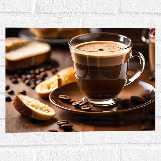 Muursticker - Koffie - Kopje - Bordje - Bonen - Brood - Eten - Drinken - 40x30 cm Foto op Muursticker