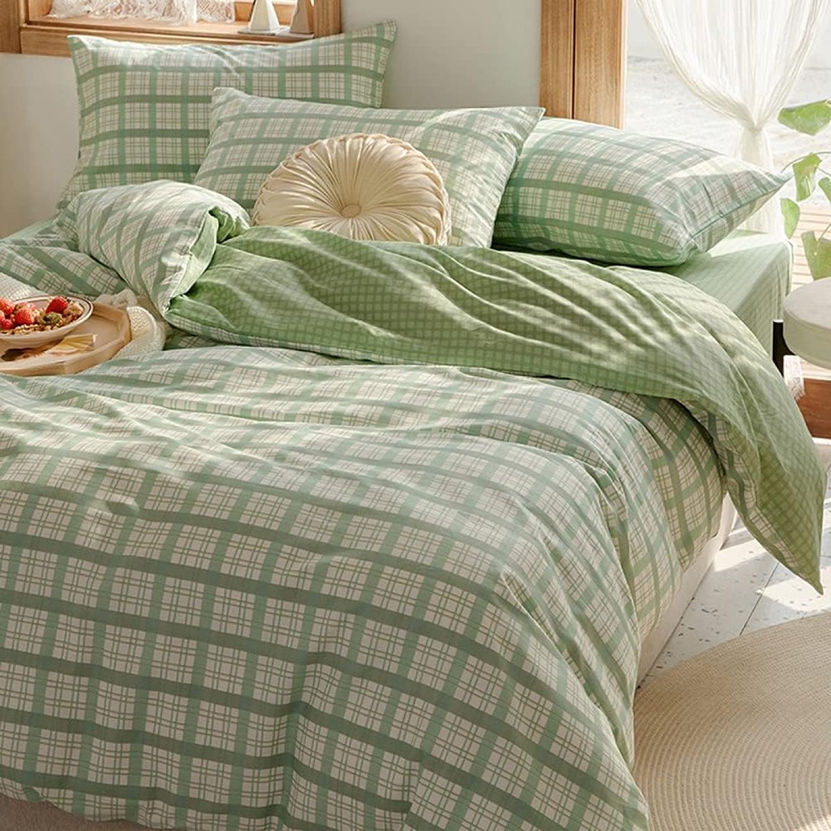 Tweepersoons Beddengoed, 135 x 200 cm, groen, geruit - microvezel dekbedovertrek met ritssluiting, landhuisstijl, ruitpatroon - omkeerbaar beddengoed set en kussensloop 80 x 80 cm, 2-delig