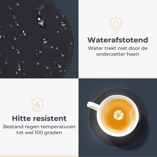 Détail d'un sous-verre noir avec des gouttes d'eau. Hydrofuge et résistant à la chaleur jusqu'à 100 degrés.