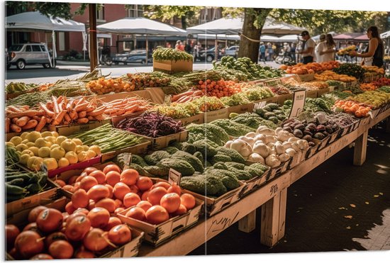 Acrylglas - Kraam - Markt - Groente - Fruit - Verkopen - 120x80 cm Foto op Acrylglas (Wanddecoratie op Acrylaat)